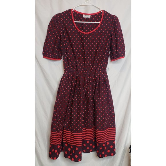MCM Rocabilly Dress Nassau Miss New York Brown Red Dots Pockets Large Pinup - Picture 1 of 7